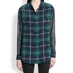 Equipment Silk Plaid Blouse with Sheer Sleeves
